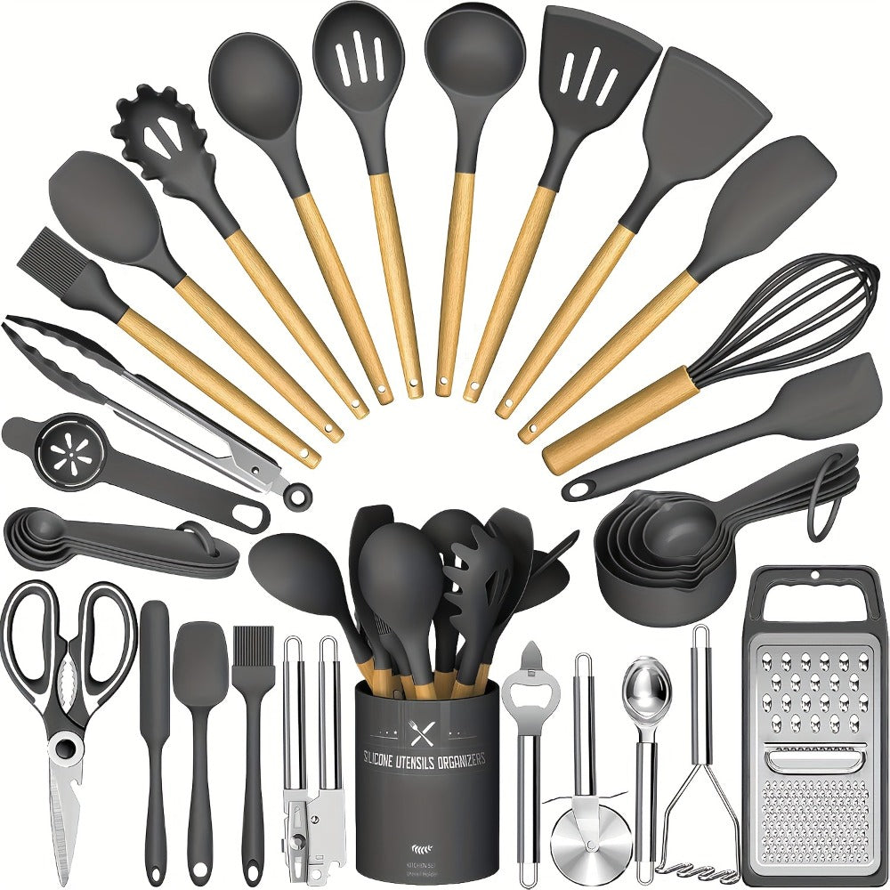 Silicone Kitchen Utensils Set 34-Piece with Holder, Heat Resistant Cooking Spatula Tools for Nonstick Cookware