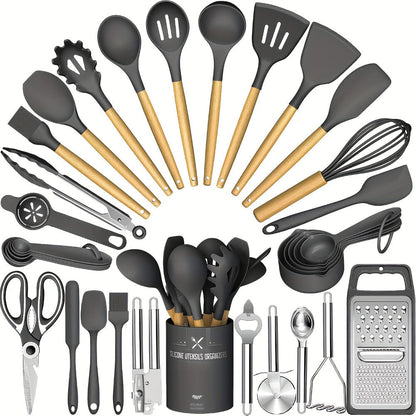 Silicone Kitchen Utensils Set 34-Piece with Holder, Heat Resistant Cooking Spatula Tools for Nonstick Cookware