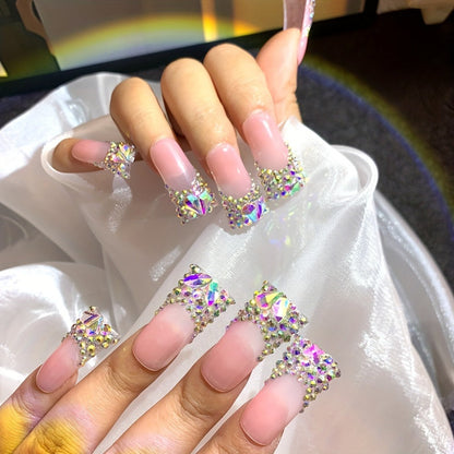 Press On Nails Duckbill French Tip AB Diamond Shiny Nude – Long Handmade Wearable Nail Set 10pcs with Tools for Wedding Party Date School S/M/L