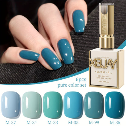 Gel Nail Polish Set with XEIJAYI Label, 6 Peacock Sky Sapphire and Navy Blue Colors for UV LED Cure