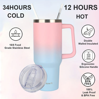 Handled 40oz Stainless Steel Tumbler with Straw Lid, Tapered Base and Five Color Options for Daily Use