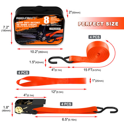 Ratchet Tie Down Straps 4-Pack 15FT 1,500 lb Break Strength Heavy Duty with Soft Loops & Storage Bag – High-Visibility Webbing for Motorcycle ATV Kayak Truck Bed Trailer Roof Rack