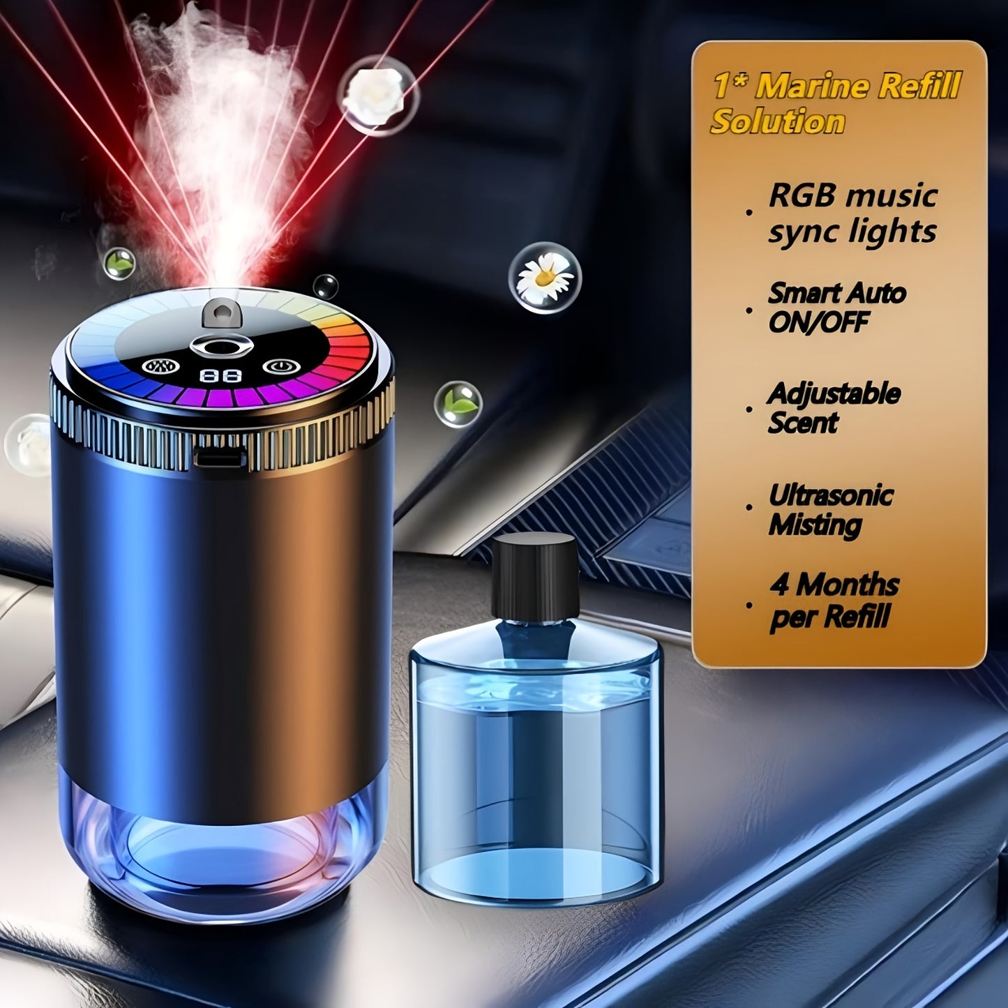 Car Aromatherapy Diffuser with Dynamic Light Show & Starry Sky Mode – Adjustable Scent Intensity, USB Rechargeable, Eliminates Odors, Gardenia, Lavender, Marine & Cologne Scents