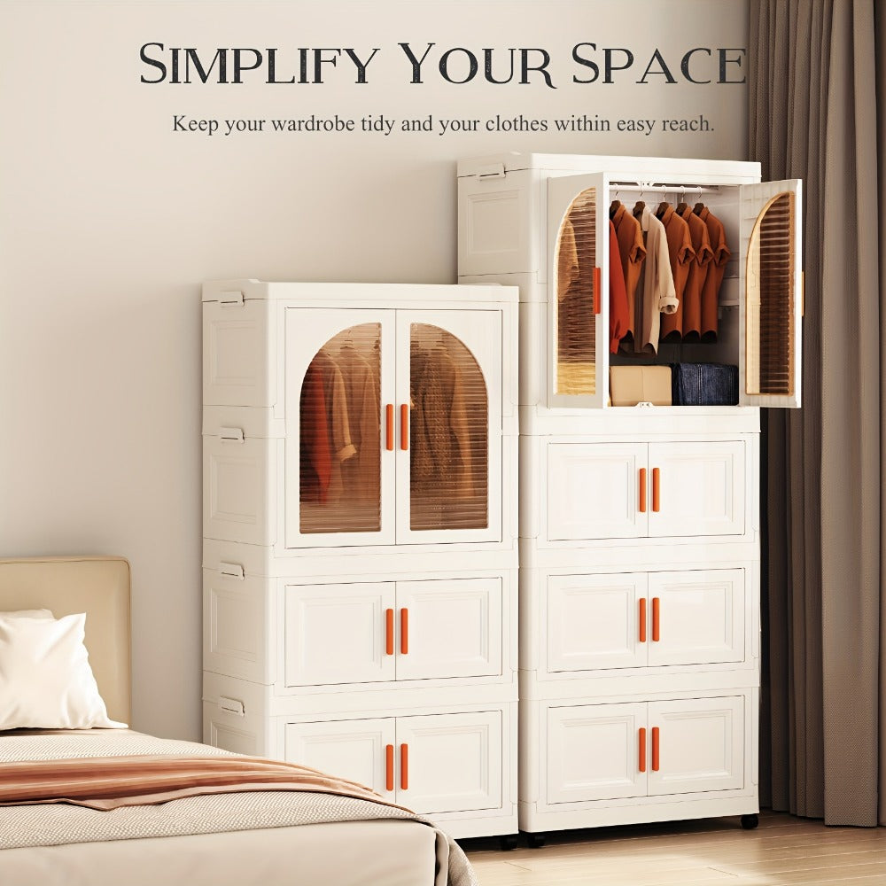 Portable Folding Wardrobe Cabinet with Caster Wheels, Hanging Section and Two Exact Layer Options
