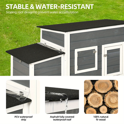 Wooden Hen House with 67in Frame, Two Nest Boxes, Ramp and Gray or Brown Two-Tone Outdoor Finish