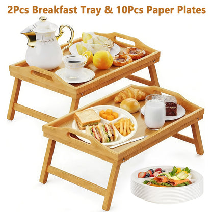 Bamboo Breakfast Tray with Folding Legs & Handles 2 Pack – Extra Wide Foldable Bed Tray Table for Eating, Working & Drawing on Sofa or Bed, Food-Safe Natural Bamboo with 10 Paper Plates