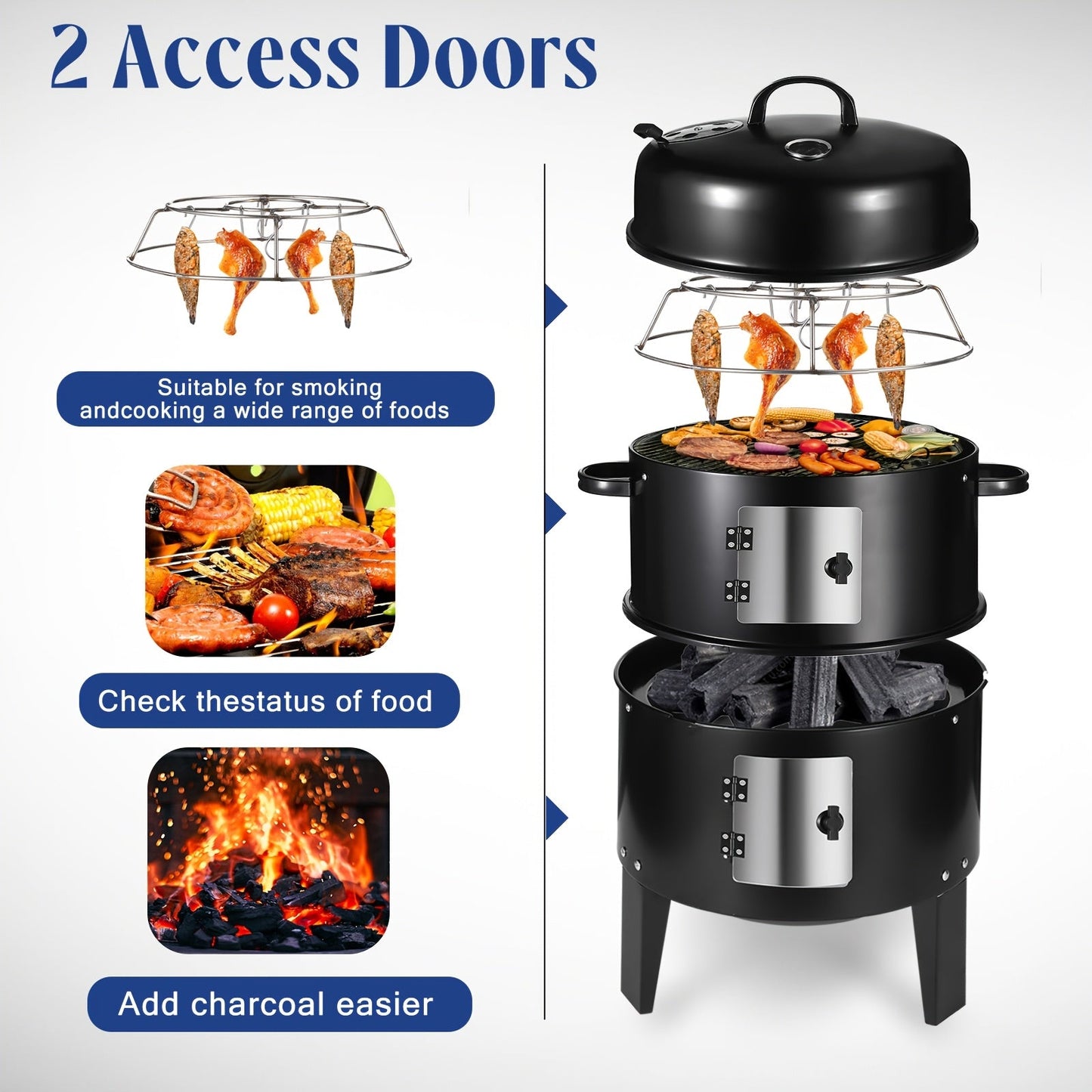 3-in-1 Barrel Charcoal Grill and Smoker with Two Access Doors, Top Vent, Thermometer and Upgrade Option