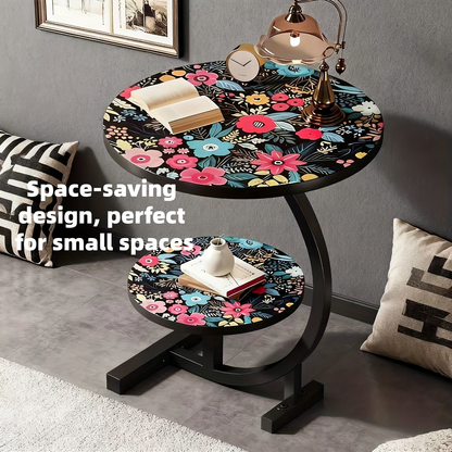 Side Table Round Floral Mandala Printed Top with Metal Frame for Indoor or Outdoor Accent Placement