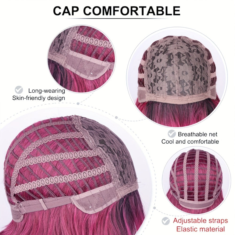 Synthetic Wig 28-Inch Rose-Red Gradient Waves with Air Bangs, 150% Density and Rose Net Cap