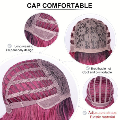 Synthetic Wig 28-Inch Rose-Red Gradient Waves with Air Bangs, 150% Density and Rose Net Cap