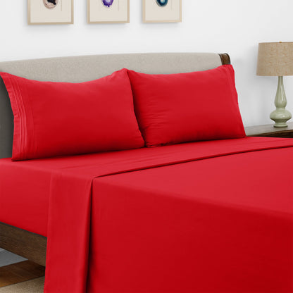 Bed Sheet Set Microfiber with Size-Dependent 3- or 4-Piece Contents and Six Documented Bed Dimensions