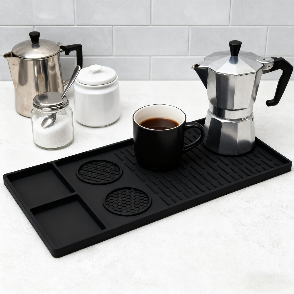 Coffee Bar Mat Silicone with Raised Edges 2-in-1 - Dish Drying Mat for Countertop, Coffee Maker Espresso Machine Mat, Spill Proof Kitchen Counter Mat 23.6" x 15.7", Black or Gray