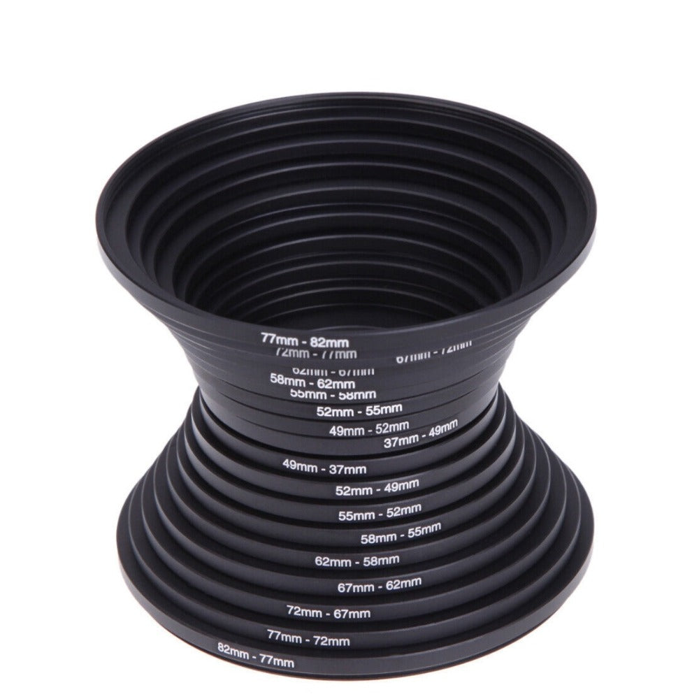 18-Piece Step-Up and Step-Down Lens Filter Adapter Ring Set Covering 37–82 mm Thread Sizes