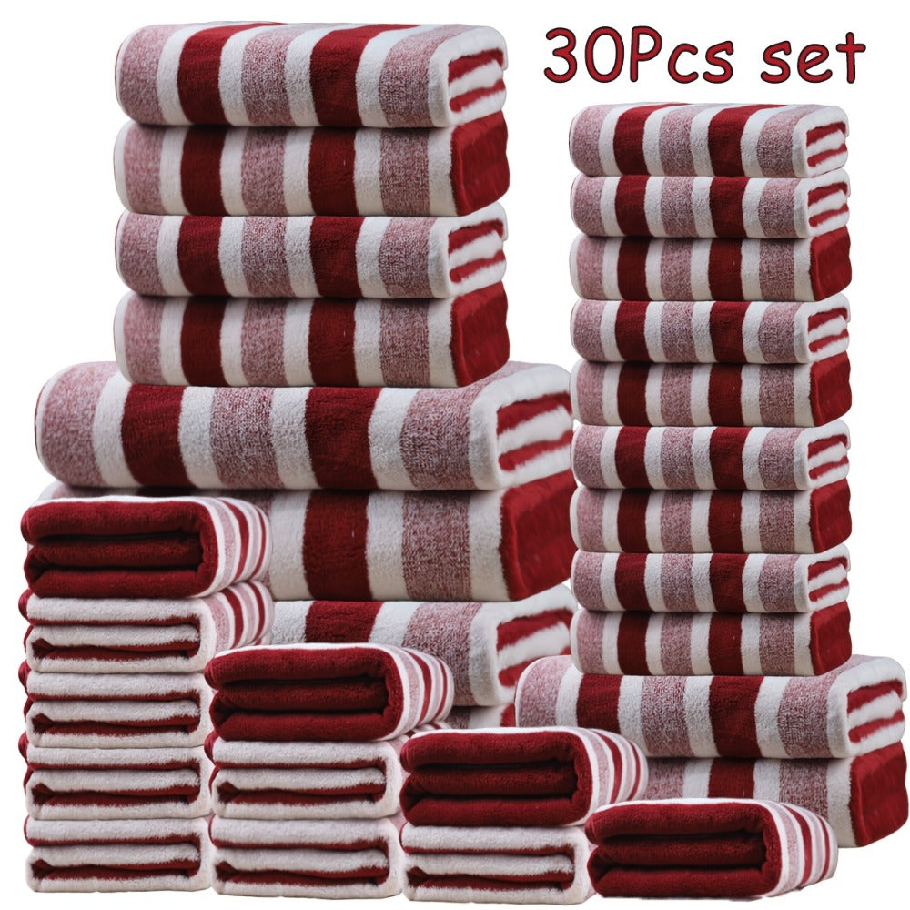 Thirty-Piece Striped Bath Towel Set with Bath, Hand and Washcloth Sizes in Ten Color Checkouts