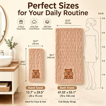 Bath Towel Set 2 Piece Cute Capybara Coral Fleece Super Soft Ultra Absorbent Quick Dry Face Towel and Bath Sheet for Spa Gym Hotel Guest Bathroom