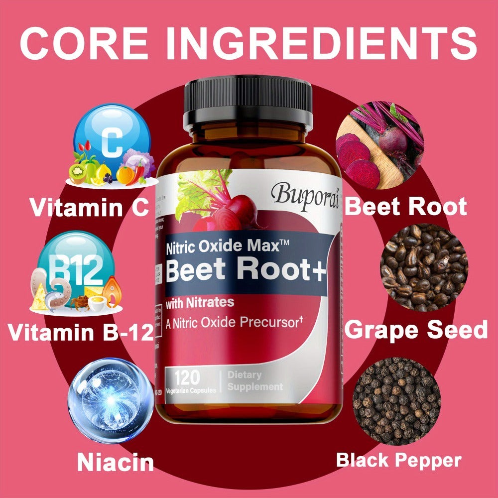 Dietary Supplement Beet Root Capsules with Source-Listed Nitrates, Black Pepper and Antioxidants, 120 Count