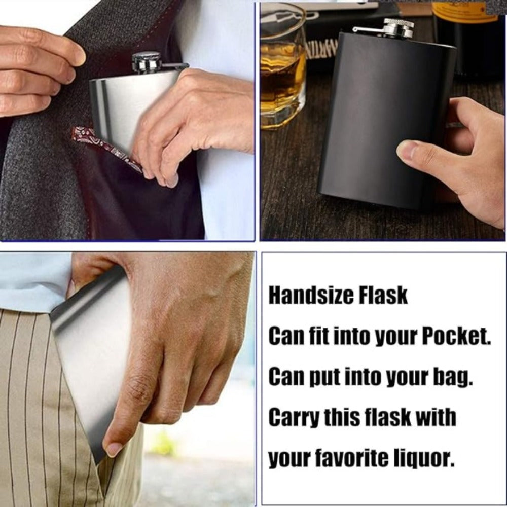 Black Gift-Box Flask Set with 8.1- and 3-Ounce Bottles, Cup, Filter and PU-Style Cover for Home and Everyday Use