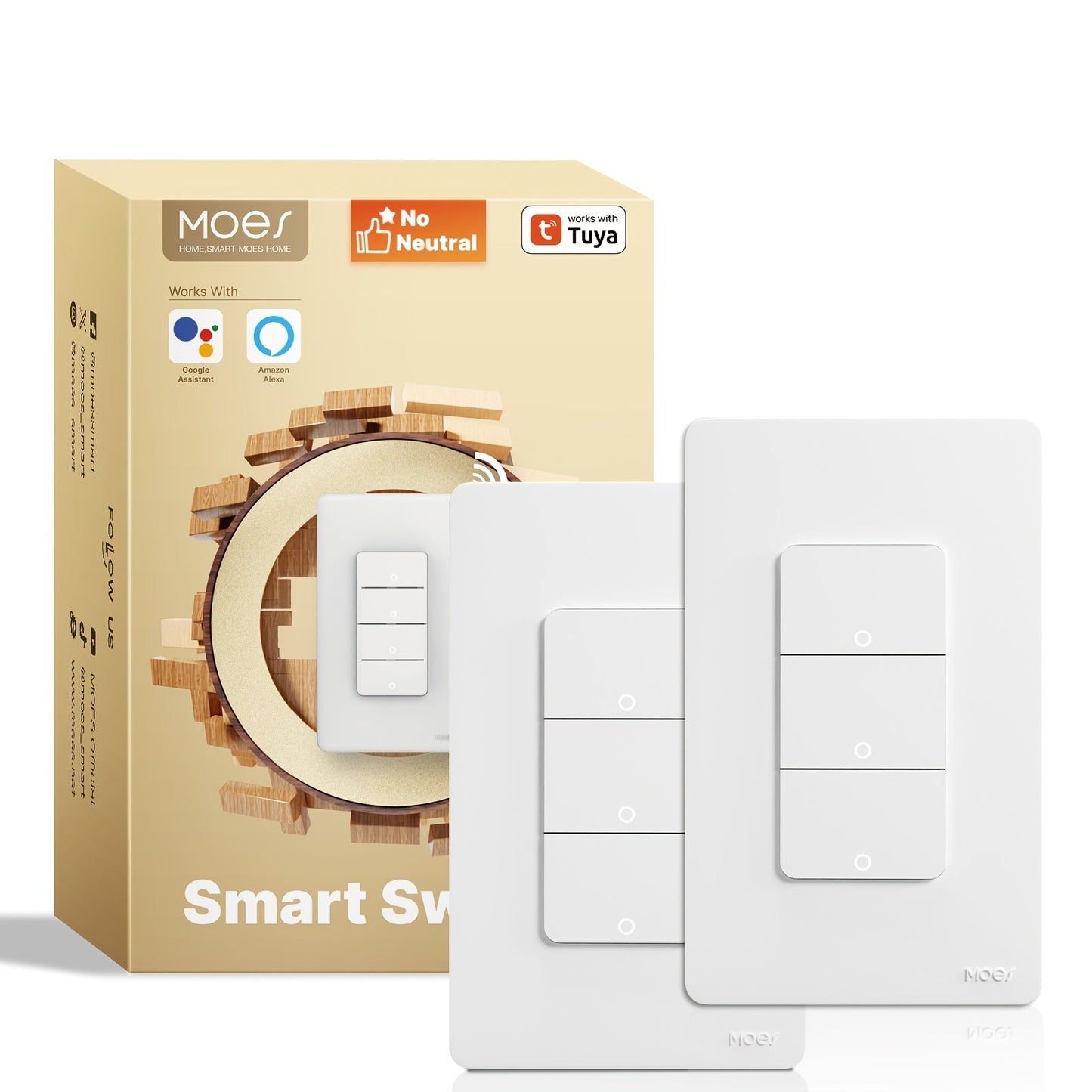 White No-Neutral WiFi Wall Switch Two-Pack with One-, Two-, Three- or Four-Gang Mechanical Button Options
