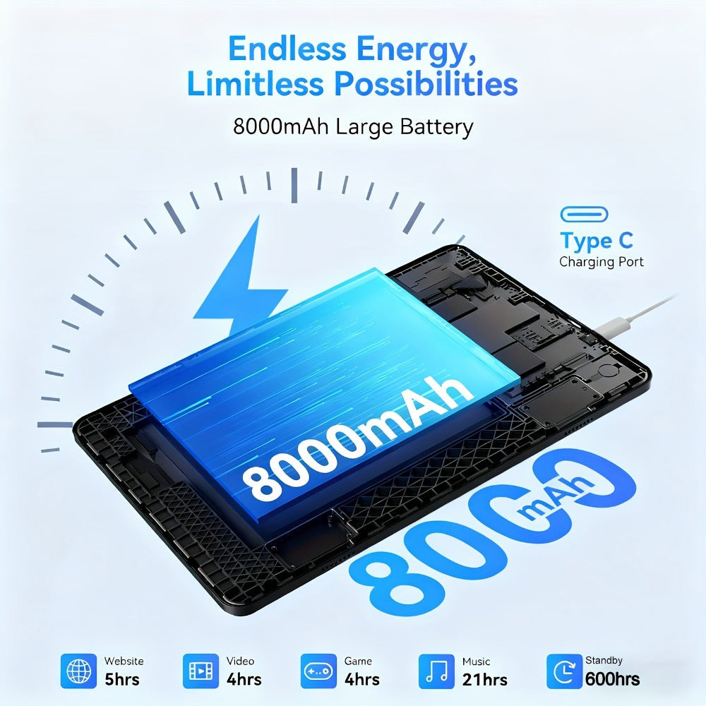 2-in-1 Tablet Android 15, 10.1 Inch Tablet with Keyboard Case Stylus, 8GB RAM 128GB ROM, 8000mAh Battery
