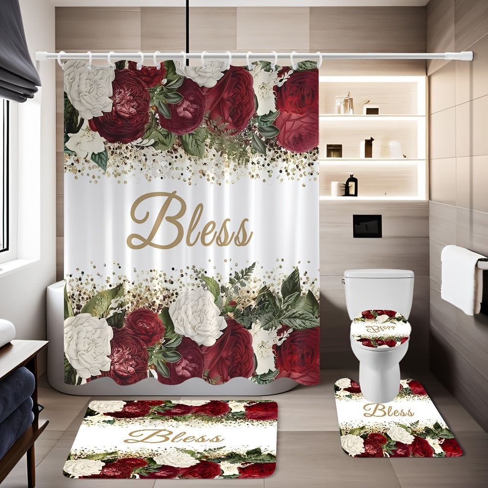 Four-Piece Rose and Bless Shower Curtain Set with Coordinated Mats, Lid Cover and Twelve White Hooks