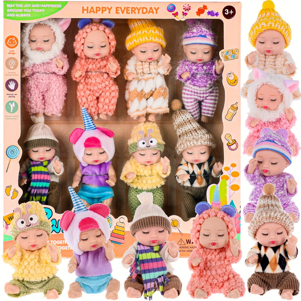 Eight Mini Baby Dolls with 4-Inch Checkout Size, Assorted Knit Animal Outfits and 10.24-Inch Display Box