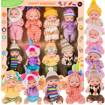 Eight Mini Baby Dolls with 4-Inch Checkout Size, Assorted Knit Animal Outfits and 10.24-Inch Display Box
