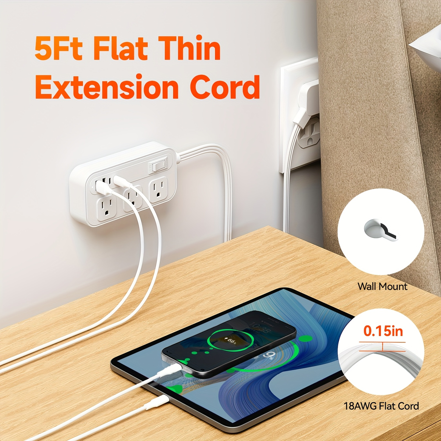 Power Strip Flat Plug with 6 AC Outlets, 2 USB-A, 2 USB-C and 3-Inch, 5-Foot or 10-Foot Cord Options