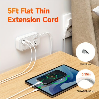 Power Strip Flat Plug with 6 AC Outlets, 2 USB-A, 2 USB-C and 3-Inch, 5-Foot or 10-Foot Cord Options