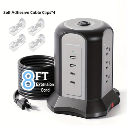Surge-Protected Power Tower 13-in-1 with Wireless Charger, 9 AC Outlets & 4 USB Ports (2 USB-C PD18W), 1080J Surge Protector, 8ft Extension Cord – Multi-Color for Home Office Dorm