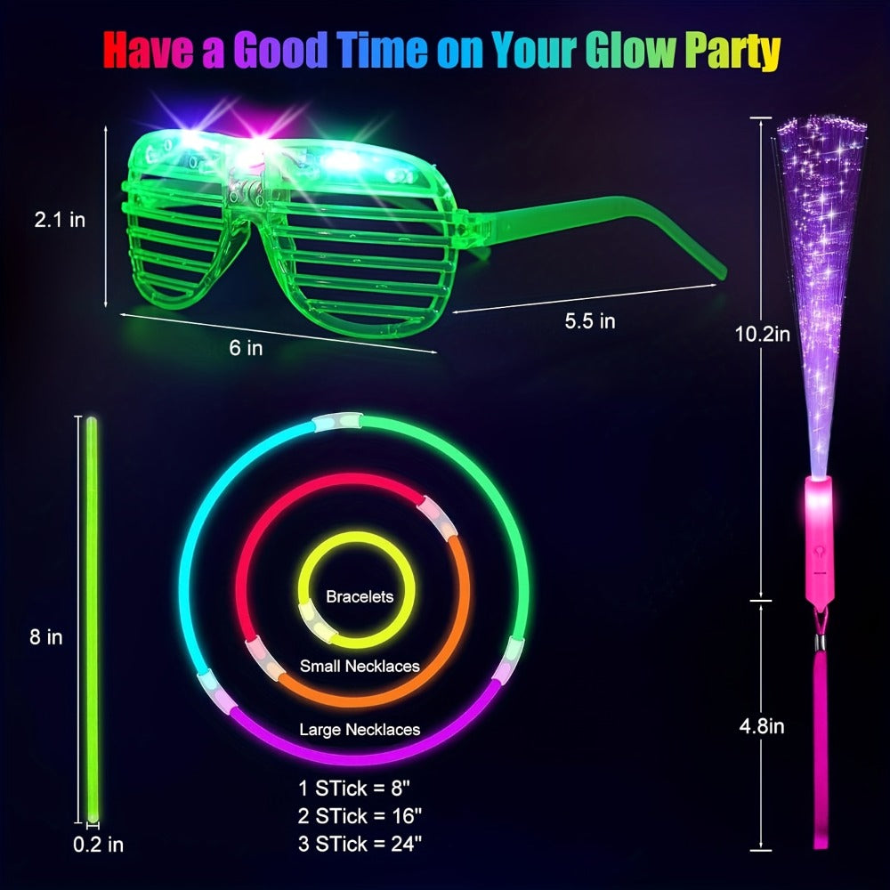 Neon Glow Accessory Party Supplies Set with 120 Pieces including Glasses, Rings, Sticks and Hair Clips