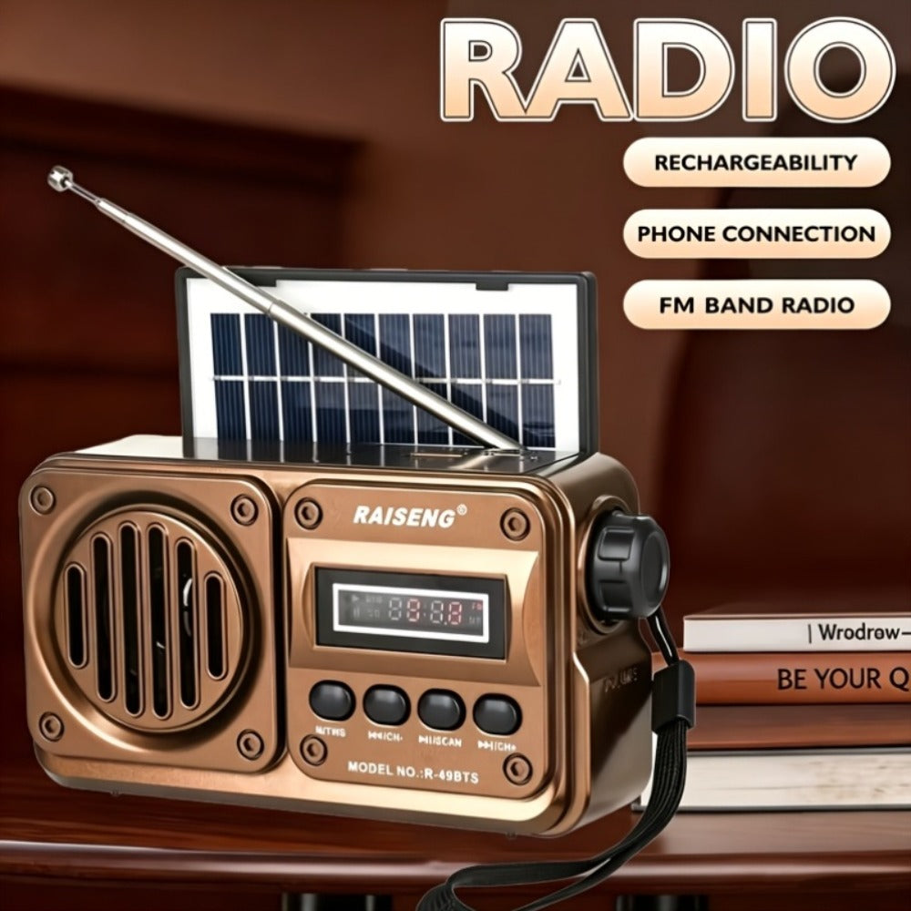 Retro FM Radio Speaker with Solar Panel, Bluetooth, USB and TF Card Playback in Black or Brown