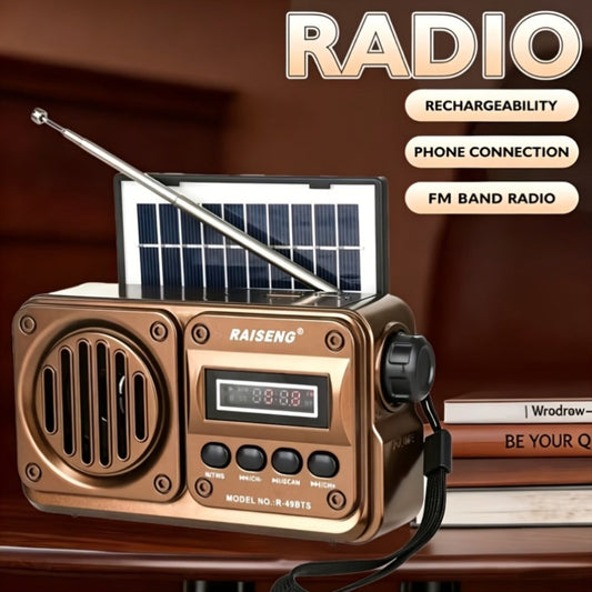 FM Portable Radio R-49BTS Retro Solar Panel Bluetooth Speaker, USB TF Card Playback, Loud Digital Radio for Indoor Outdoor Travel Emergency Camping, Independence Day Gift