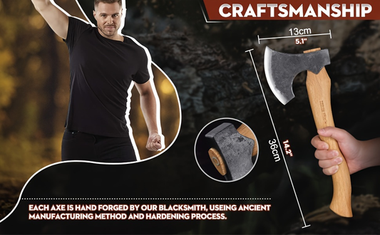 Hatchet Camping Axe 14 Inch Hand Forged High Carbon Steel Bushcraft Splitting Axe with Sheath - Ergonomic Wood Handle Hammer Poll for Firewood Chopping Hiking Survival Outdoor