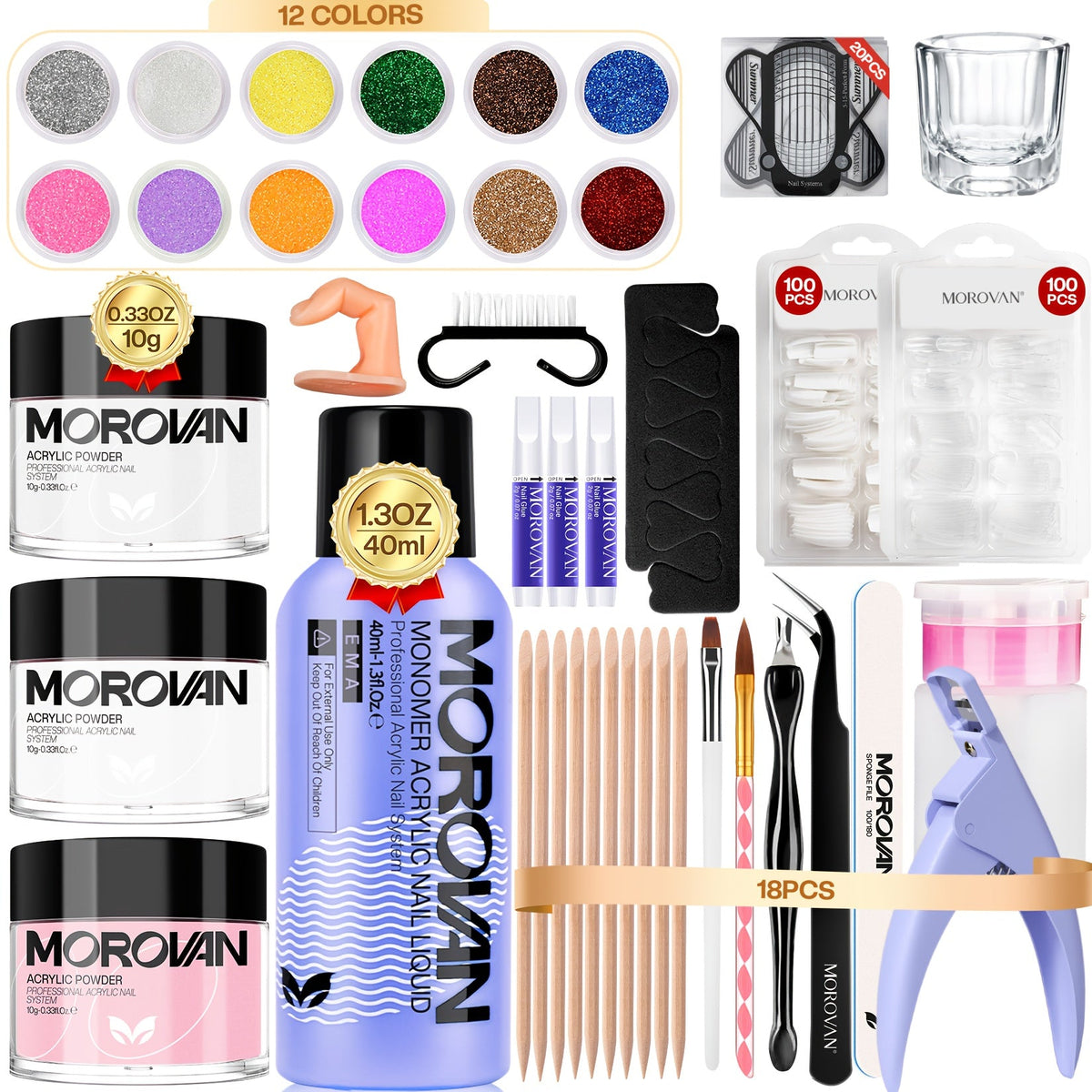 Complete Acrylic Nail Art Kit with Glitter — Pink Clear White Acrylic Powder 12 Color Glitter Powder Nail Liquid Clippers Full Tool Set All-in-One Manicure Gift for Nail Lovers