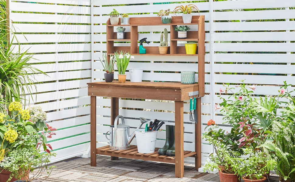 Potting Bench Table Fir Wood Iron Frame Switchable Top Integrated Sink 3-Tier Display Rack Storage Shelf Hanger Waist-High Garden Workstation Outdoor Brown