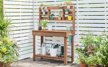 Potting Bench Table Fir Wood Iron Frame Switchable Top Integrated Sink 3-Tier Display Rack Storage Shelf Hanger Waist-High Garden Workstation Outdoor Brown