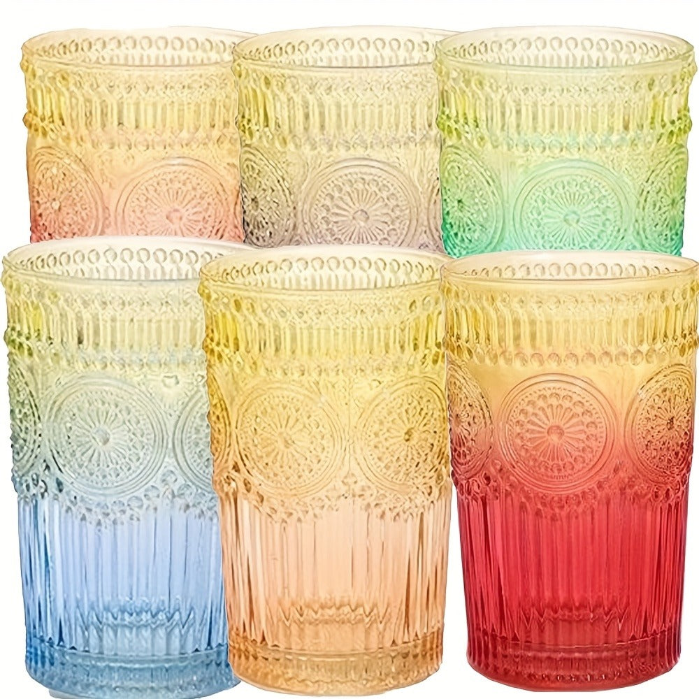 Vintage Embossed Drinking Glasses, Six-Piece 14-Ounce Tumbler Set in Six Gradient Colors for Table Settings