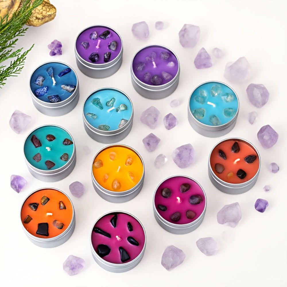 Seven-Piece Color Candle Gift Box with Crystal-Style Pendant Necklaces and Pictured 2.2 oz Tins