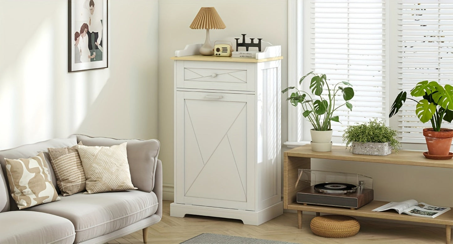 Storage Cabinet 12-Gallon Tilt-Out Trash Bin Enclosure with Top Drawer and Two Color Options