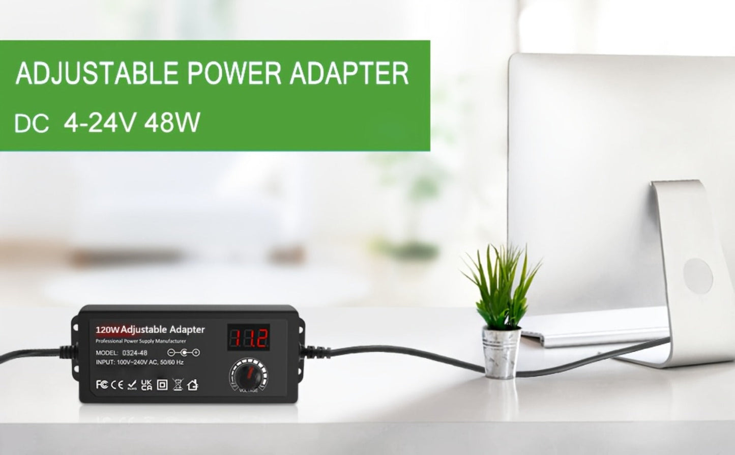 Adjustable 4–24V AC/DC Power Adapter with 48W Label, LCD Readout, Knob and Polarity Converter Set