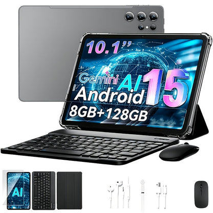Android Tablet 10.1-Inch with Android 15, 8GB RAM, 128GB Internal Storage and Keyboard Case Bundle