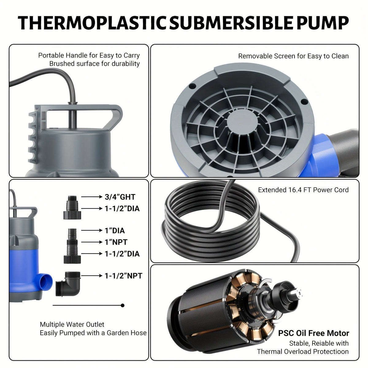Submersible Sump Pump 1HP 4600GPH Portable Utility Water Pump for Pool Basement Flood Hot Tub