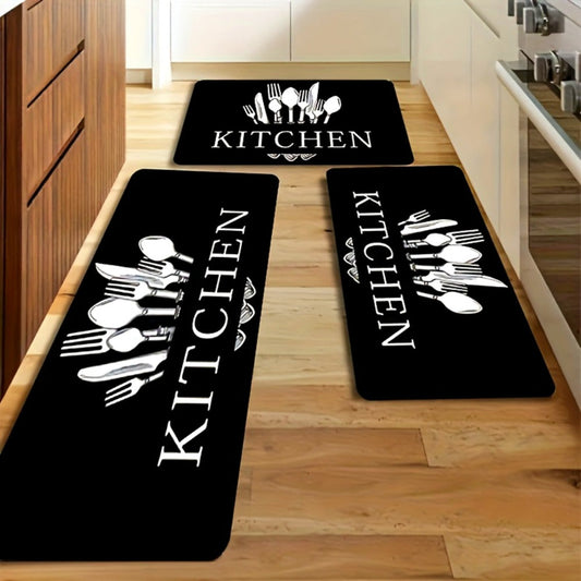 Kitchen Mat Set 3-Piece Alphabet Knife & Fork Pattern – Non-Slip Soft Washable Rugs for Kitchen, Dining Room & Bathroom