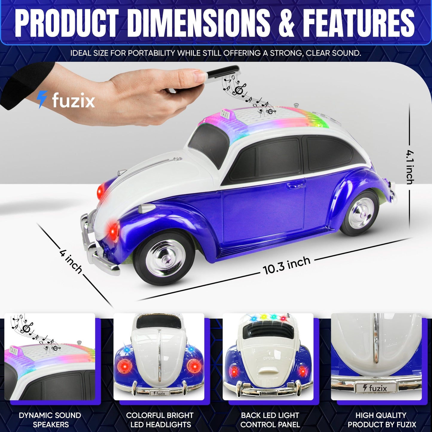 Fuzix WS-1958 Vintage Car Bluetooth Speaker with LED Headlights & Taillights | Retro Wireless Stereo, FM Radio, AUX/USB/TF, Built-in Mic, Rechargeable – Novelty Gift for Car Enthusiasts & Music Lovers