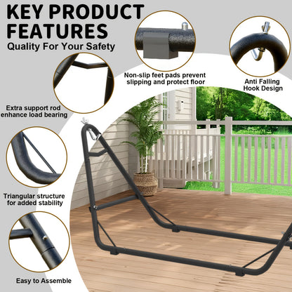 Hammock with Stand Outdoor 600 lbs Capacity Anti-Rollover Heavy Duty Portable Camping Backyard Patio Hammock Bed White Grey Black