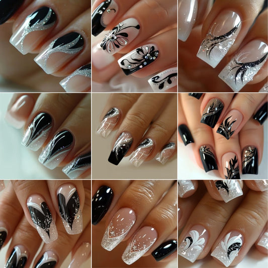 Black White Square Press On Nails 216 Pieces 9 Packs – 3D Butterfly Floral Fox Tail Glitter Marble Geometric Designs | Glossy Full Cover Acrylic Nails with Jelly Glue & File for Women Girls