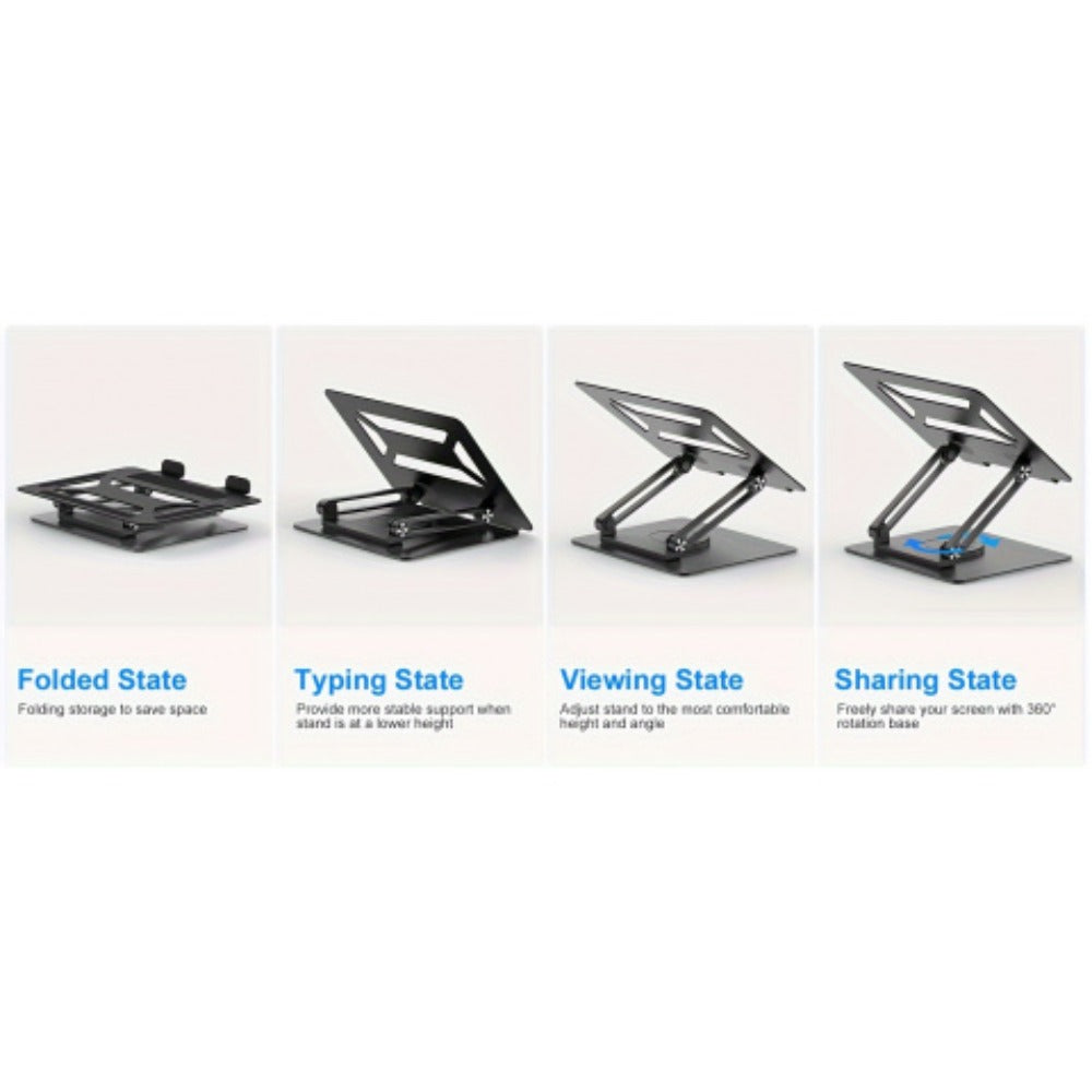 Rotating Laptop Stand with 360-Degree Swivel Base, Foldable Metal Riser in Silver or Black