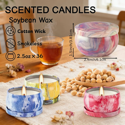 36-Piece Candle Gift Set with Lidded 2.5oz Decorative Tins in Three Coordinated Design Families