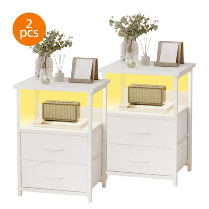Nightstand Two Fabric Drawers with Charging Station, LED Accent Light and PU or Clear Desktop Options
