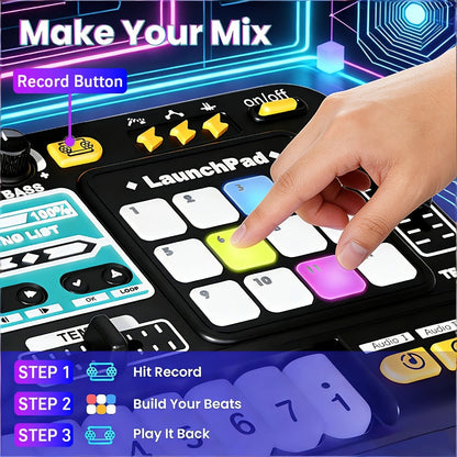 Kids DJ Mixer Toy Set with LED Lights, Microphone & Piano Keys, 100+ Sound Effects, Disco Mode, Rechargeable, Interactive Music Toy for Boys & Girls, Birthday Christmas Gift for Children Ages 3+, Black